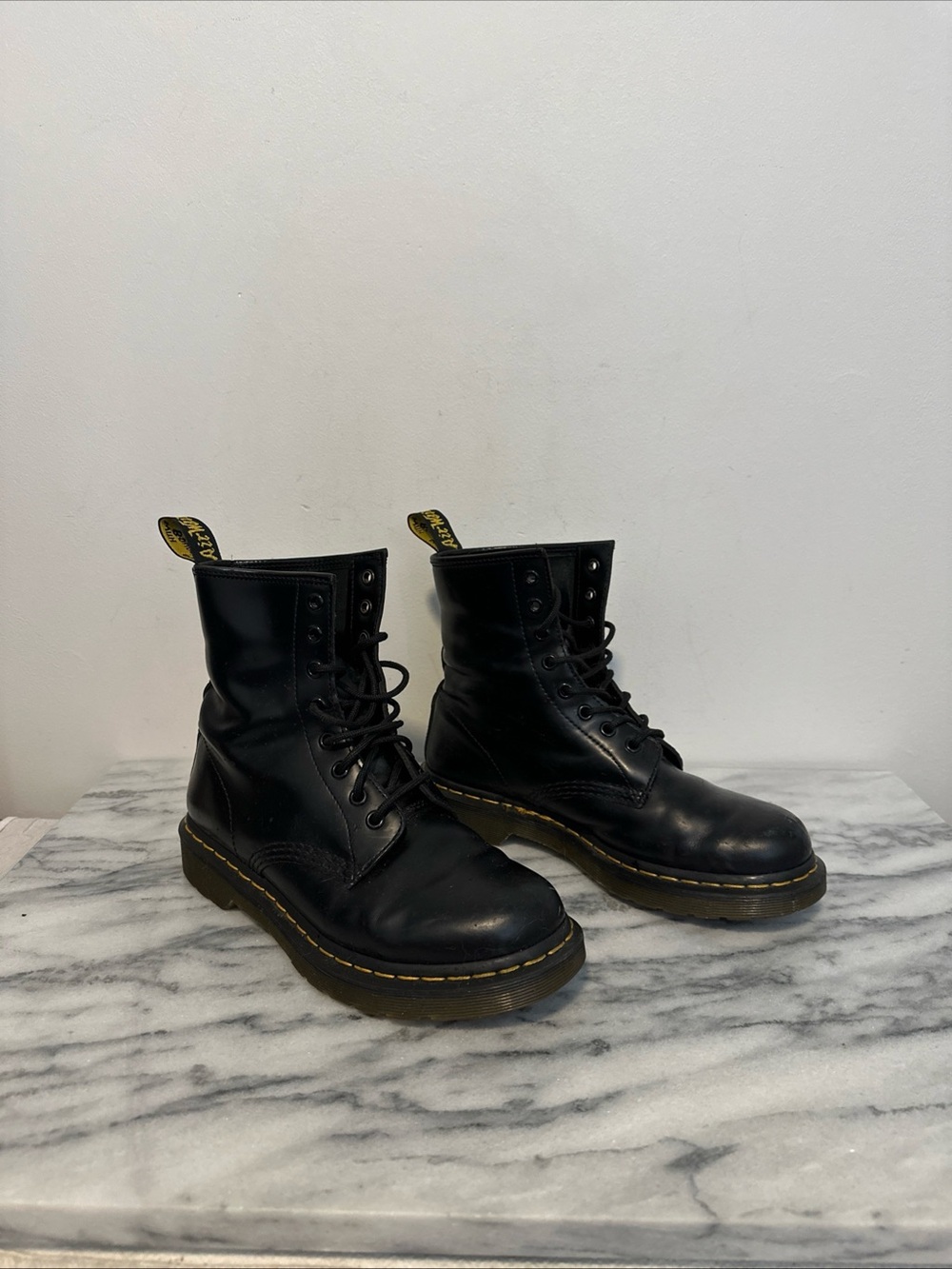 Dr. Martens Black Leather Lace-Up Combat Boots with Yellow Stitching